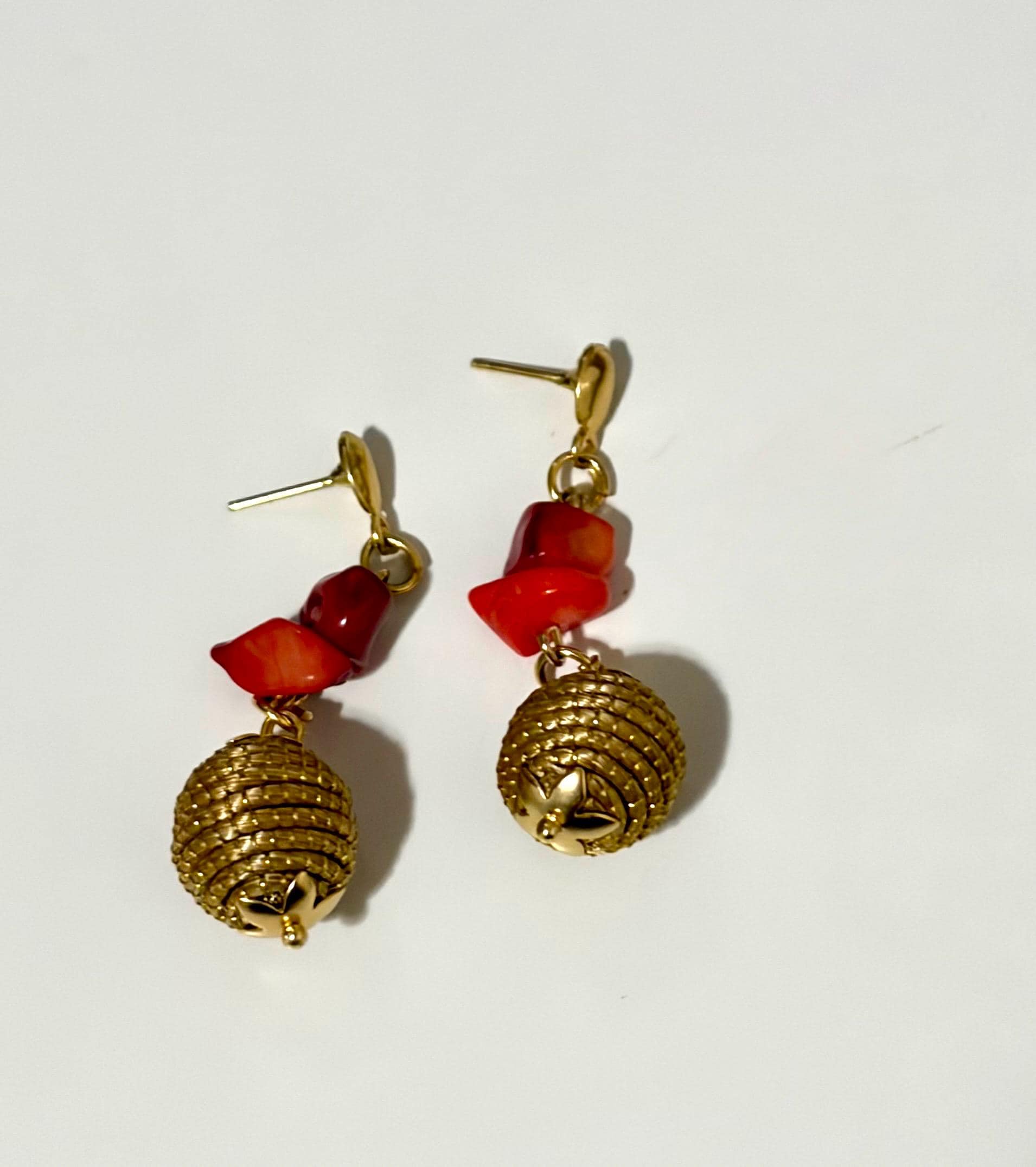 Gold Drop Golden Grass Earrings with Red Howlite Stone  Handmade Brazilian Jewelry