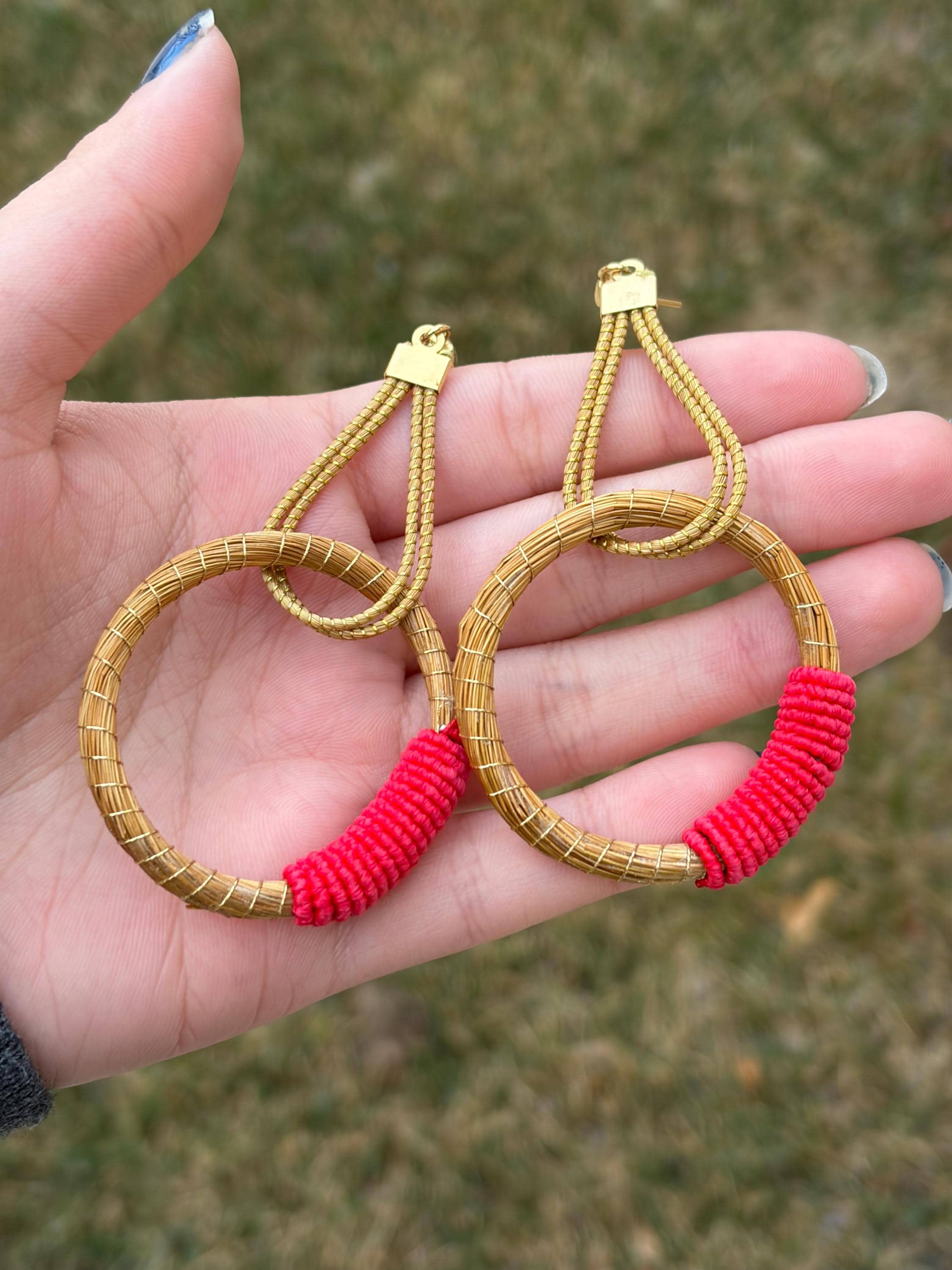 Golden Grass Hoop Earrings with Color Wrap  Handmade Brazilian Statement Jewelry