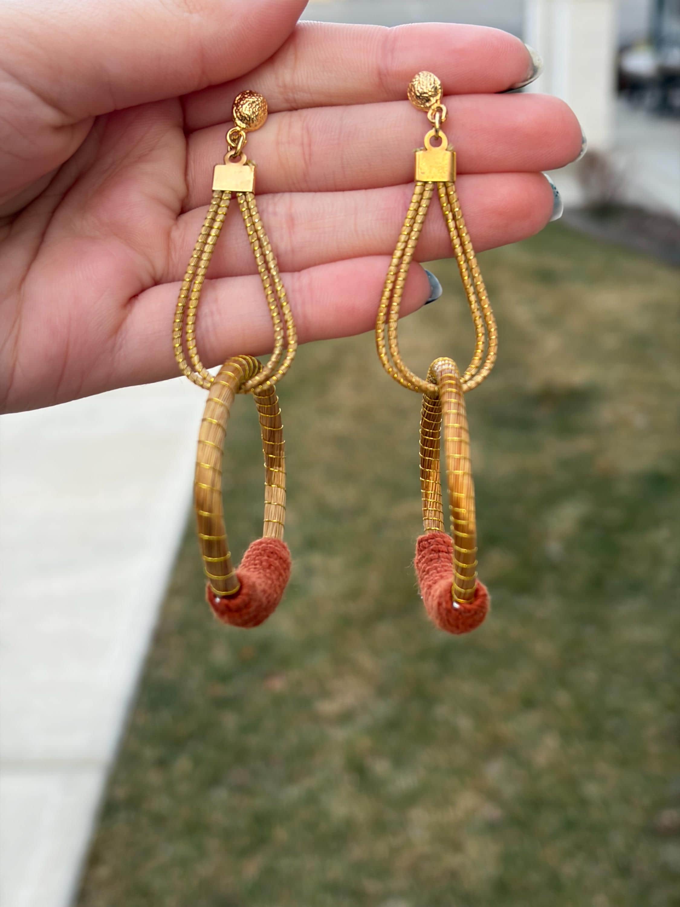 Golden Grass Hoop Earrings with Color Wrap  Handmade Brazilian Statement Jewelry