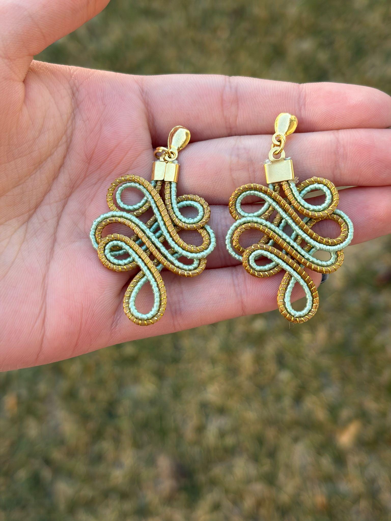 Golden Grass Swirl Statement Earrings  Handmade Brazilian Jewelry, Bold Artistic Design