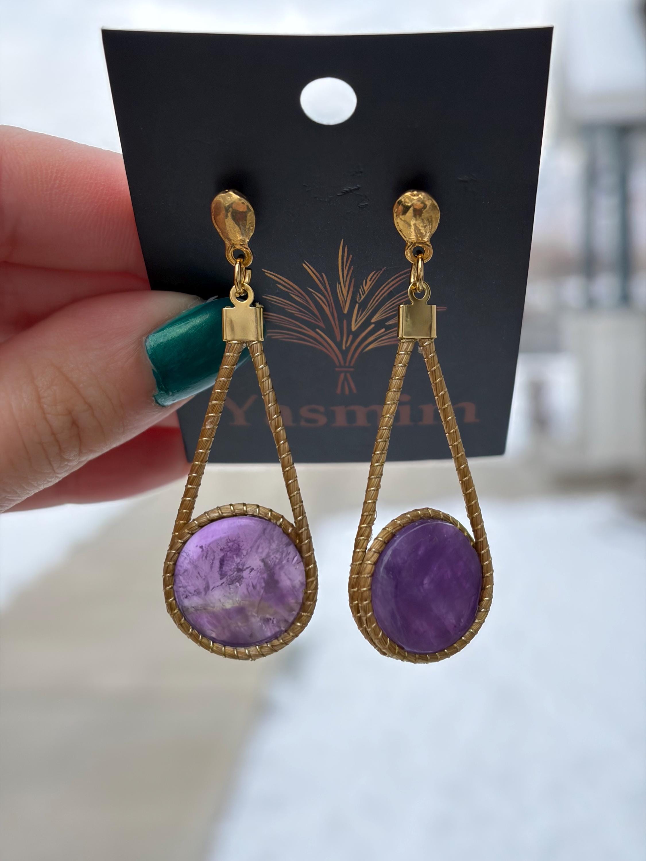 Gold Bezel Drop Earrings with Natural Gemstones | Handmade Elegant Statement Earrings