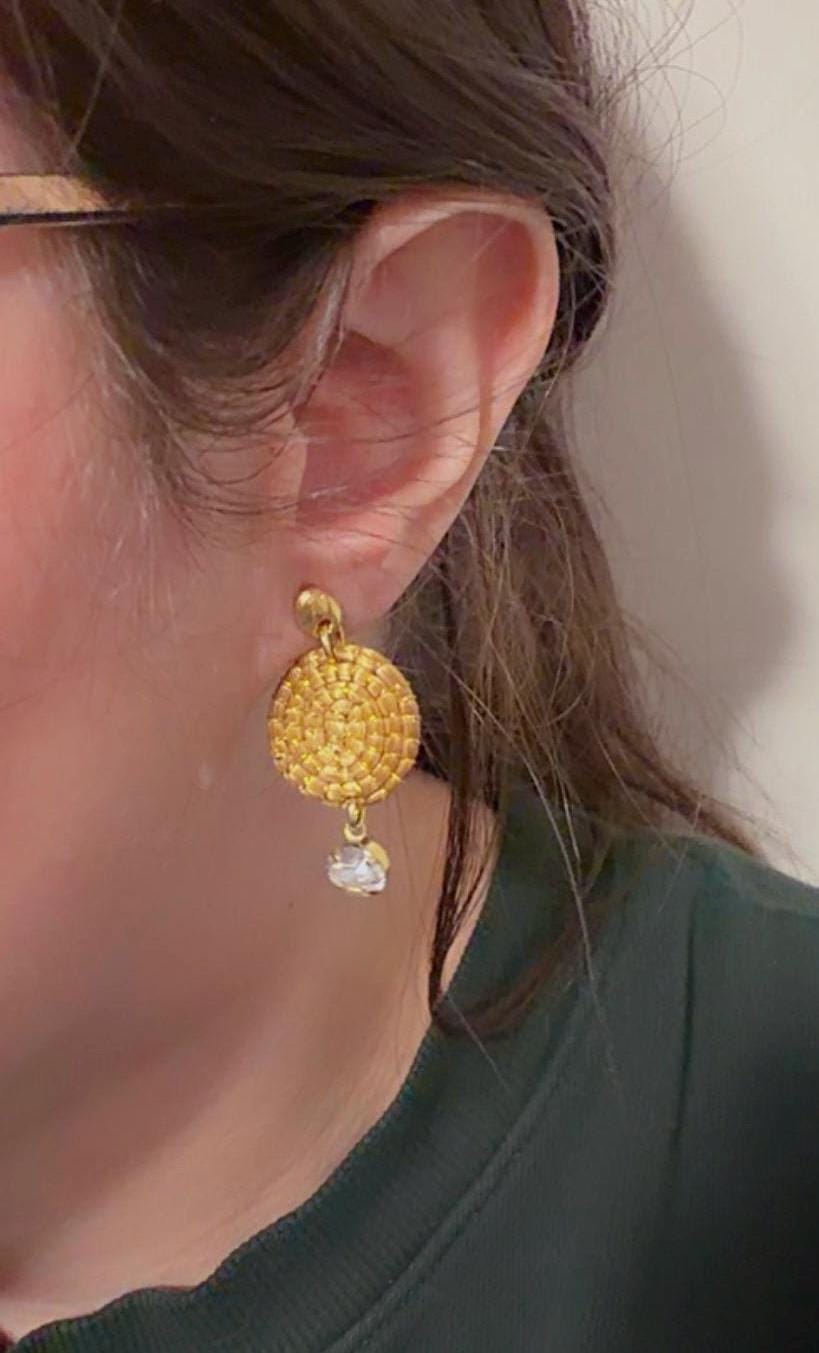 Handmade Golden Grass Earrings with Crystal Drop  Brazilian Jewelry