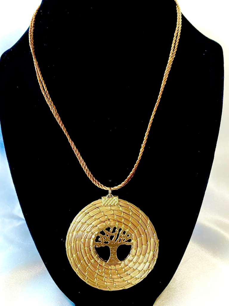 Large Tree of Life Necklace – Brazilian Golden Grass Statement Pendant – Sustainable Boho Jewelry