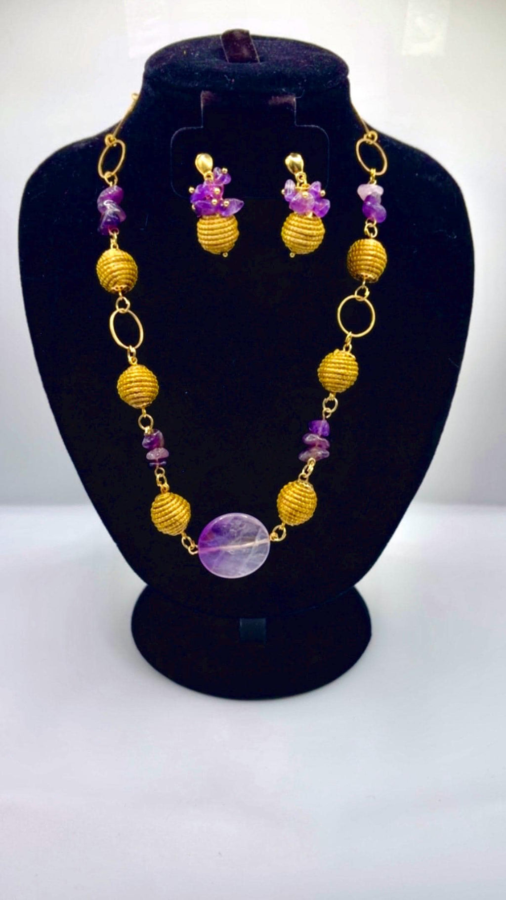 Luxury Golden Grass Jewelry Set with Amethyst, Handmade Brazilian Necklace and Earrings Set, Elegant Statement Jewelry Gift for Her
