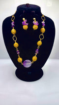 Luxury Golden Grass Jewelry Set with Amethyst, Handmade Brazilian Necklace and Earrings Set, Elegant Statement Jewelry Gift for Her