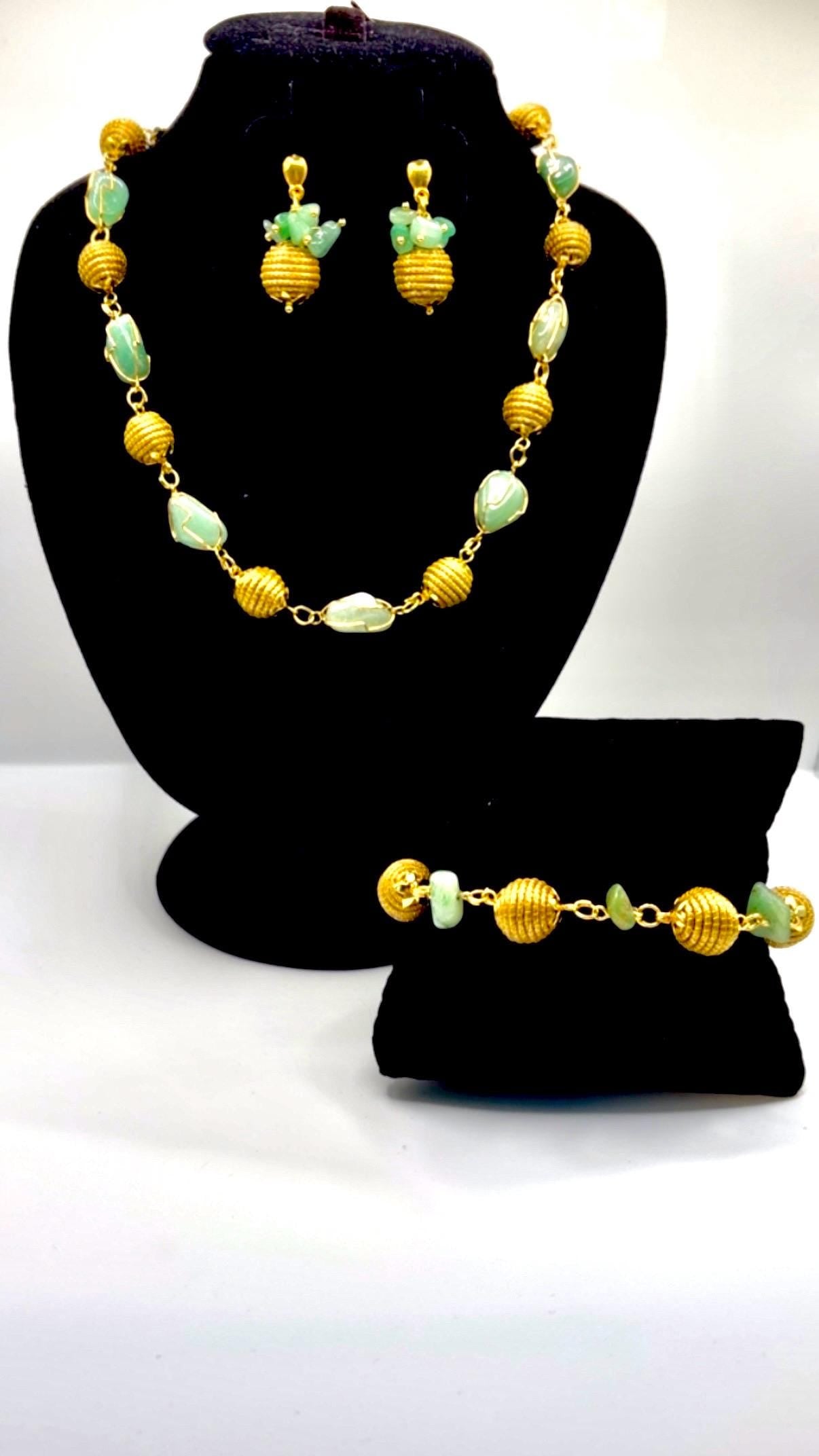 Luxury Golden Grass Jewelry Set with Green Quartz, Handmade Brazilian Necklace Bracelet Earrings Set, Elegant Statement Jewelry Gift for Her