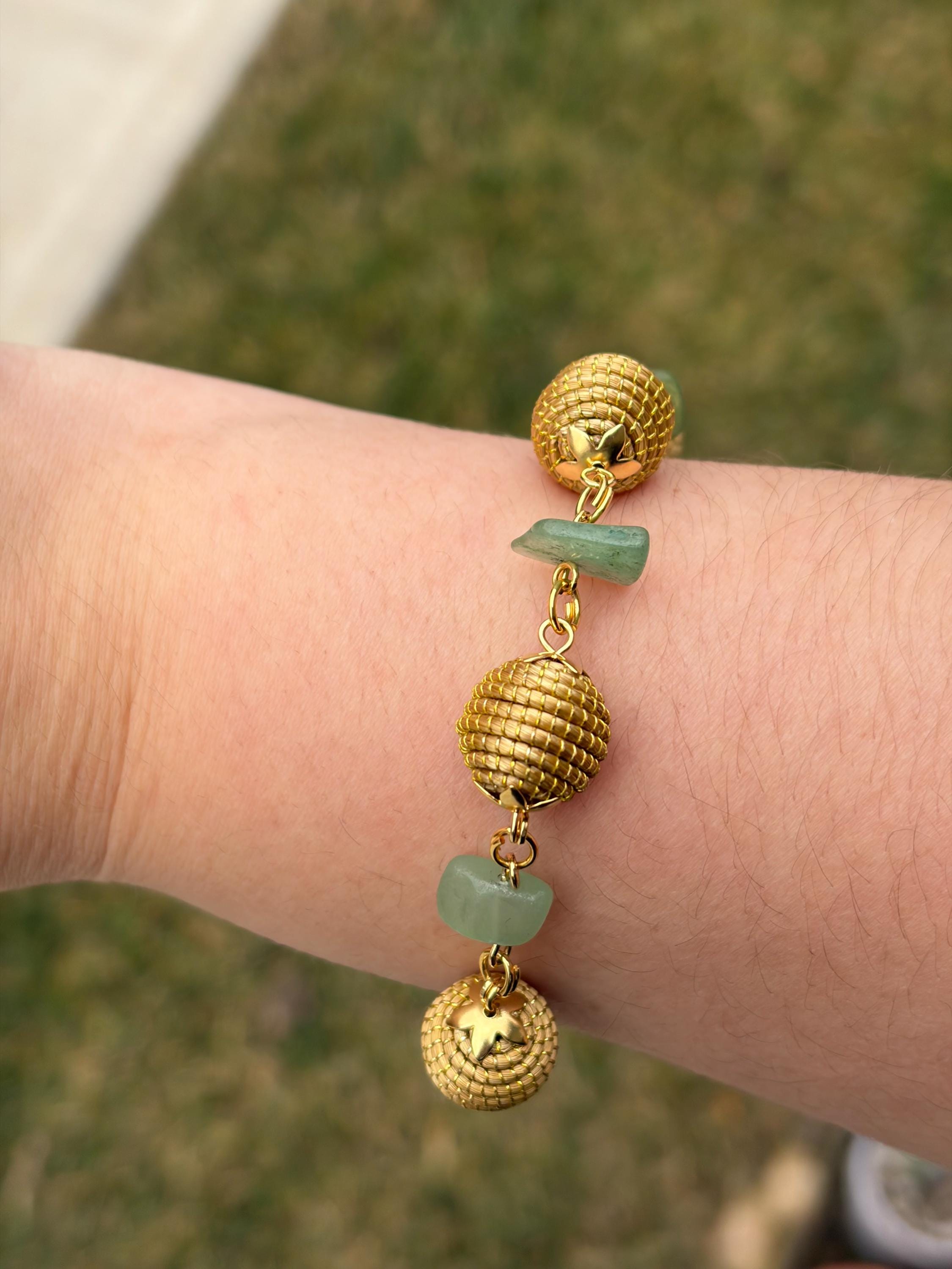 Luxury Golden Grass Jewelry Set with Green Quartz, Handmade Brazilian Necklace Bracelet Earrings Set, Elegant Statement Jewelry Gift for Her