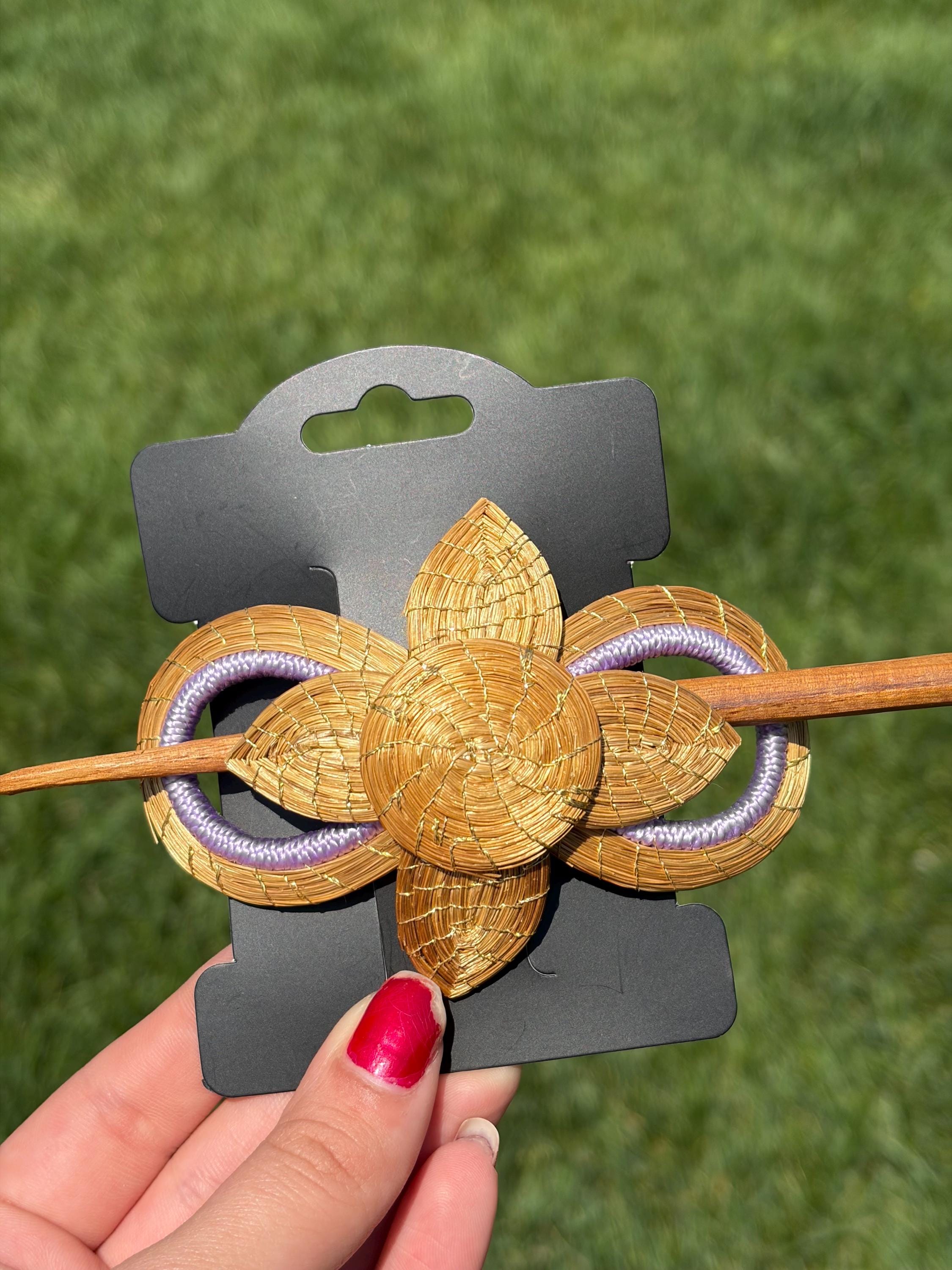 Golden Grass Hair Barrette with Stick  Handmade Brazilian Hair Accessory