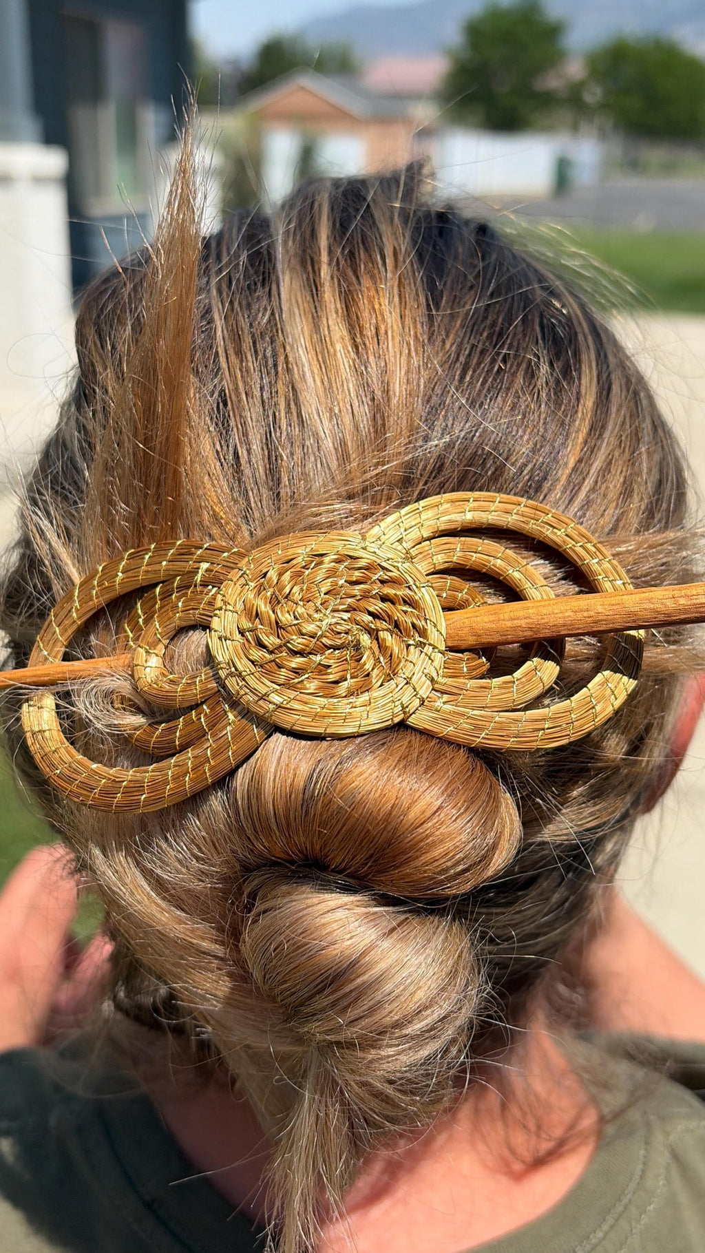 Handcrafted Brazilian Golden Grass Triple Circle Hair Stick | Wooden Hair Pin | Artisan Hair Accessory | French Twist Bun Pin