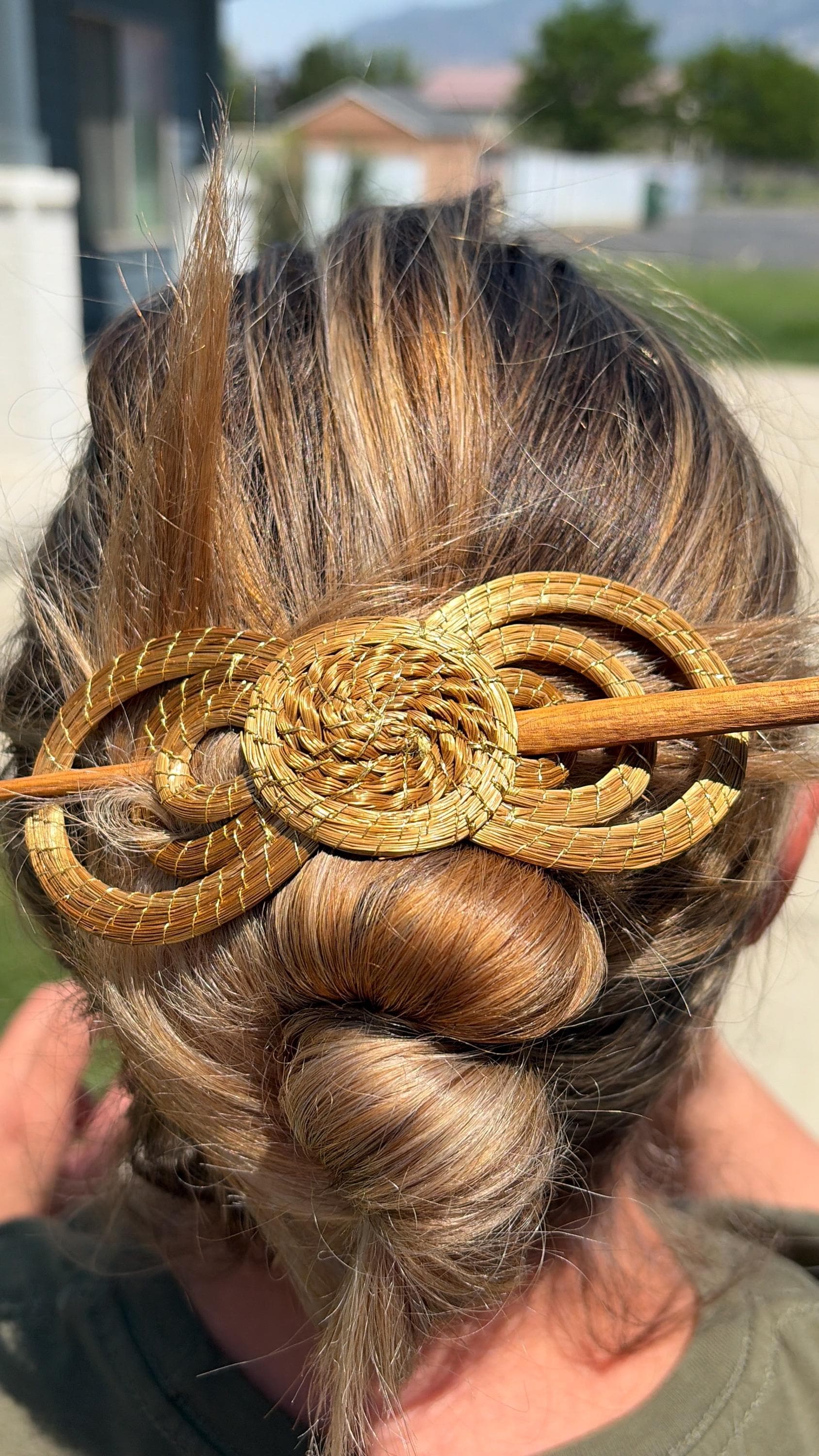 Handcrafted Brazilian Golden Grass Triple Circle Hair Stick | Wooden Hair Pin | Artisan Hair Accessory | French Twist Bun Pin