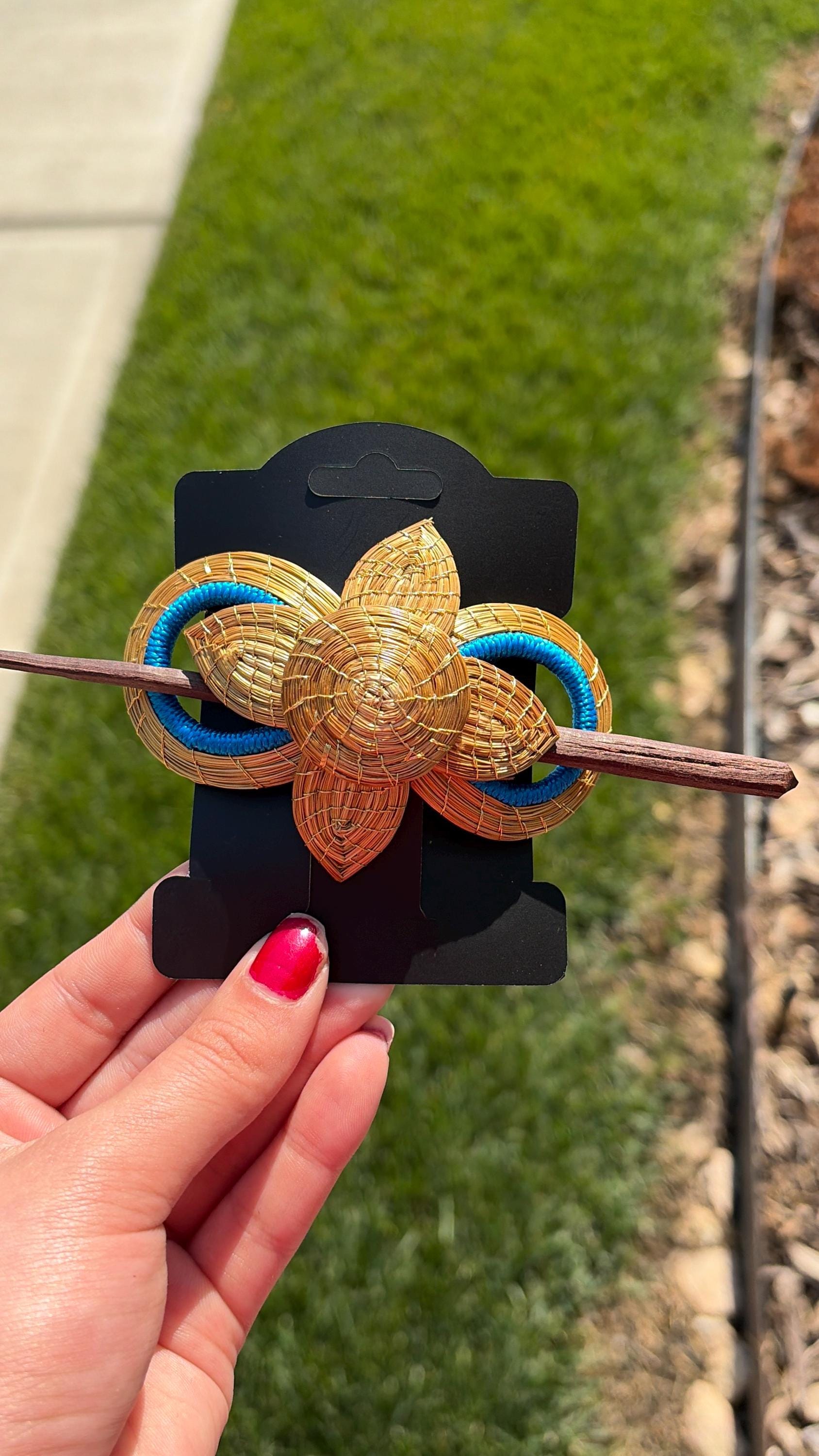 Golden Grass Hair Barrette with Stick  Handmade Brazilian Hair Accessory
