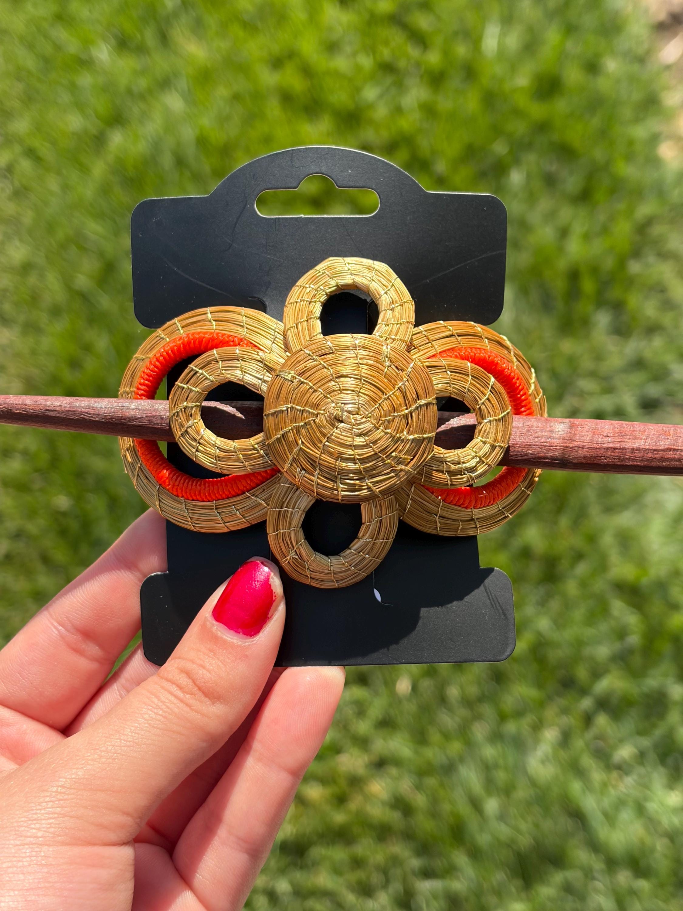 Handcrafted Brazilian Golden Grass Flower Hair Stick | Wooden Hair Pin | French Twist Bun Holder | Artisan Hair Accessory