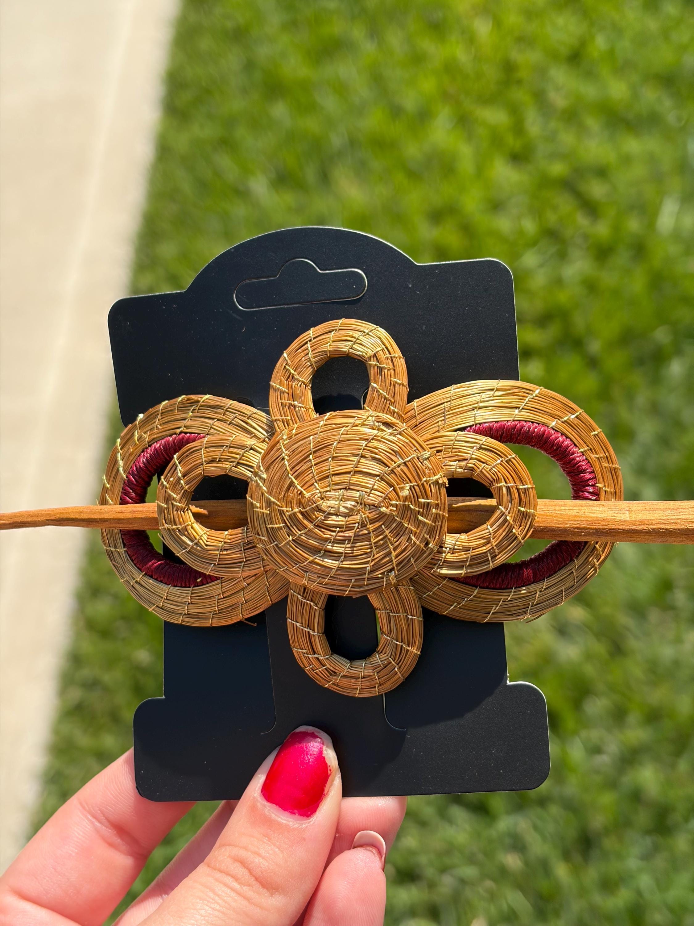 Handcrafted Brazilian Golden Grass Flower Hair Stick | Wooden Hair Pin | French Twist Bun Holder | Artisan Hair Accessory