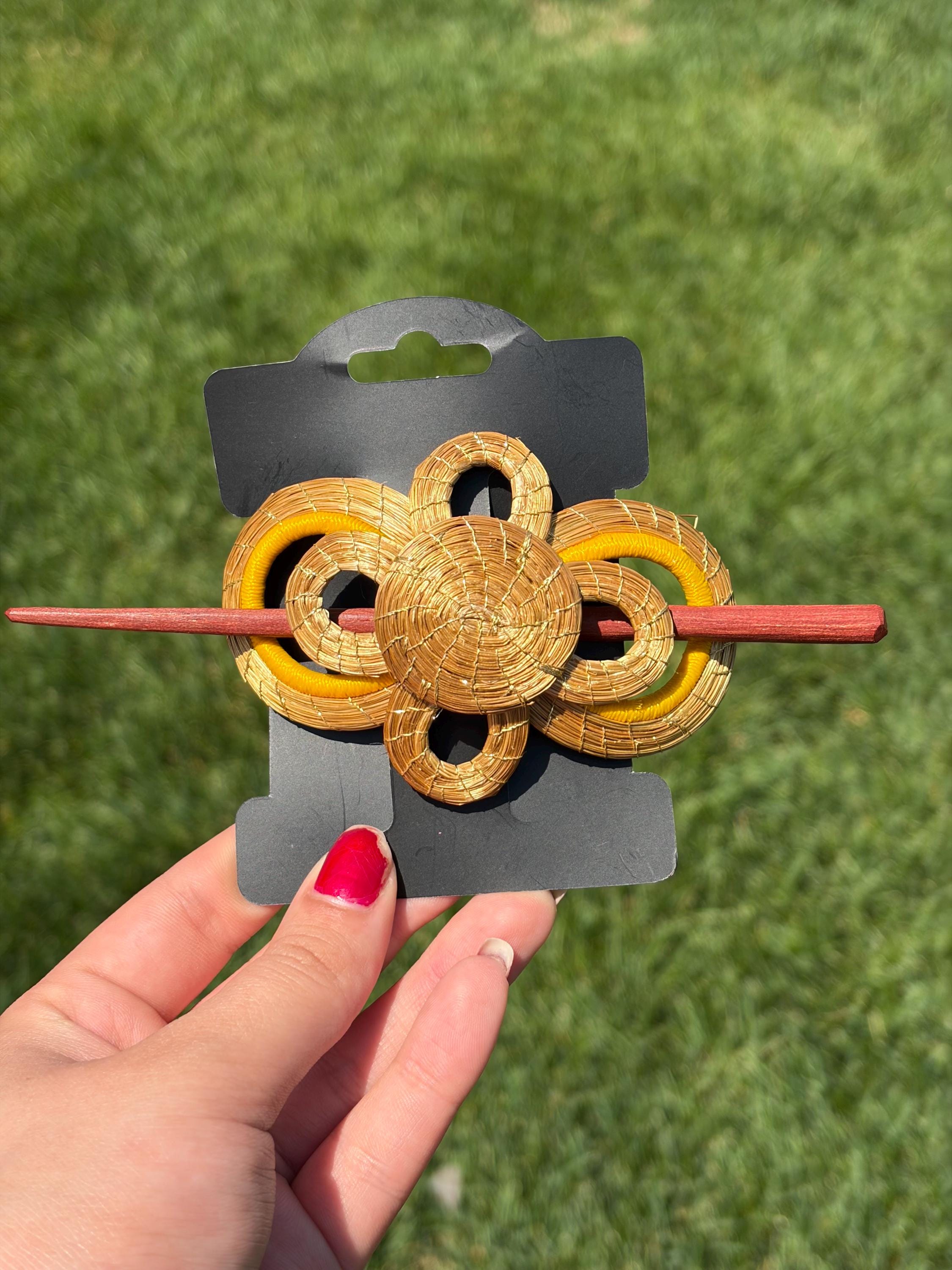 Handcrafted Brazilian Golden Grass Flower Hair Stick | Wooden Hair Pin | French Twist Bun Holder | Artisan Hair Accessory