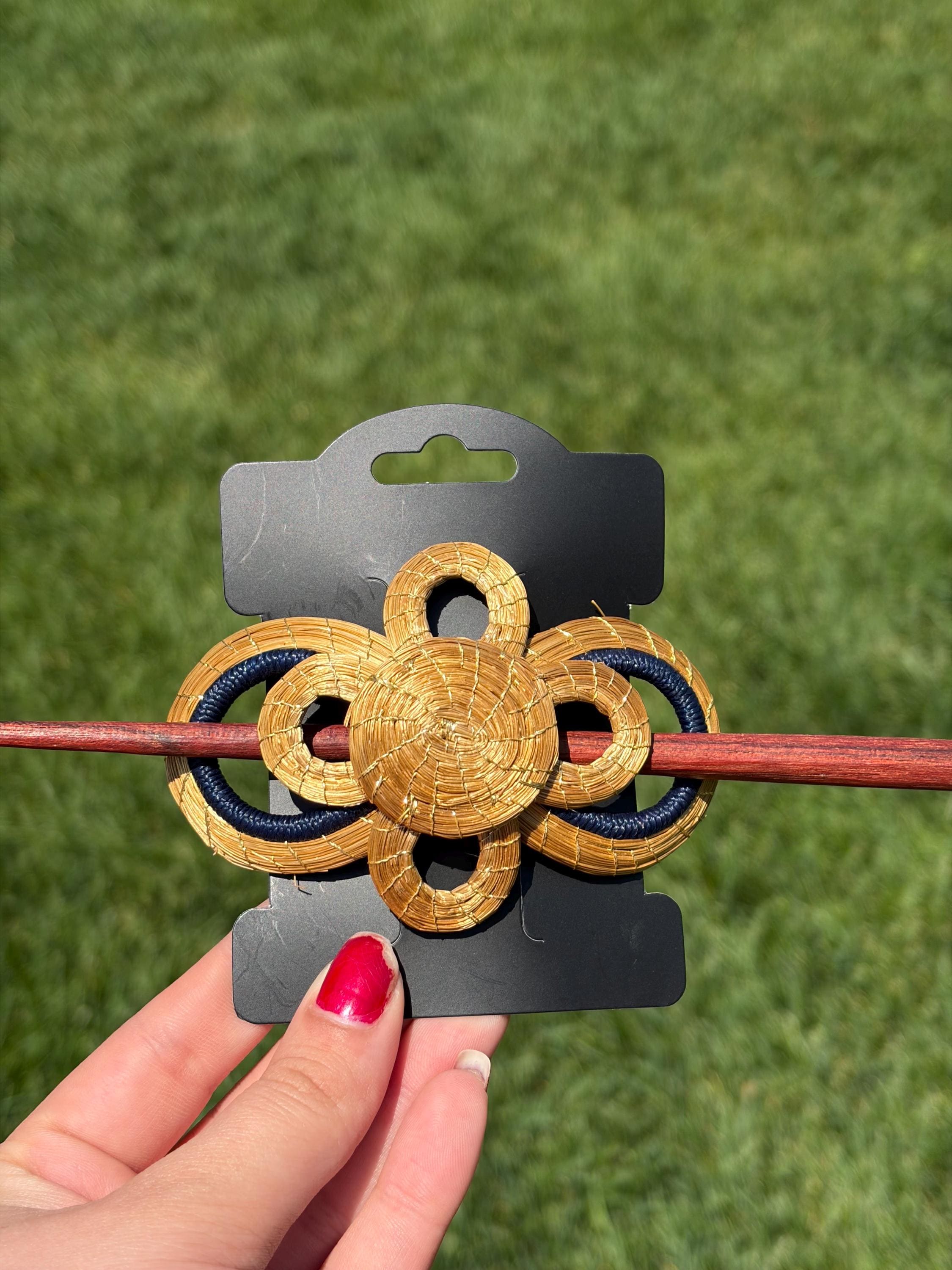 Handcrafted Brazilian Golden Grass Flower Hair Stick | Wooden Hair Pin | French Twist Bun Holder | Artisan Hair Accessory