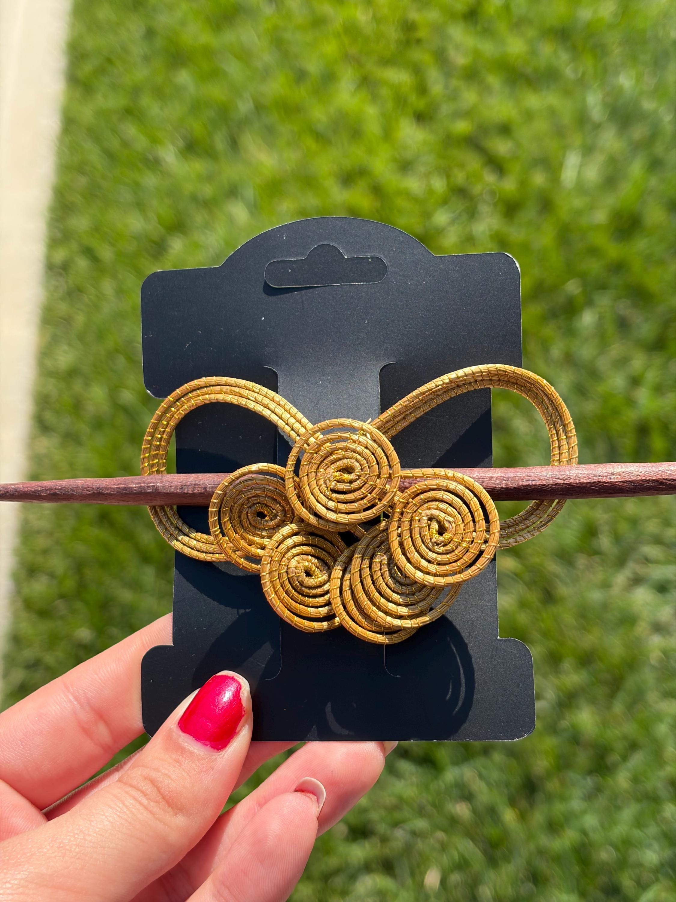 Handcrafted Brazilian Golden Grass Swirl Flower Hair Stick | Wooden Hair Pin | Floral Bun Holder | Artisan Hair Accessory