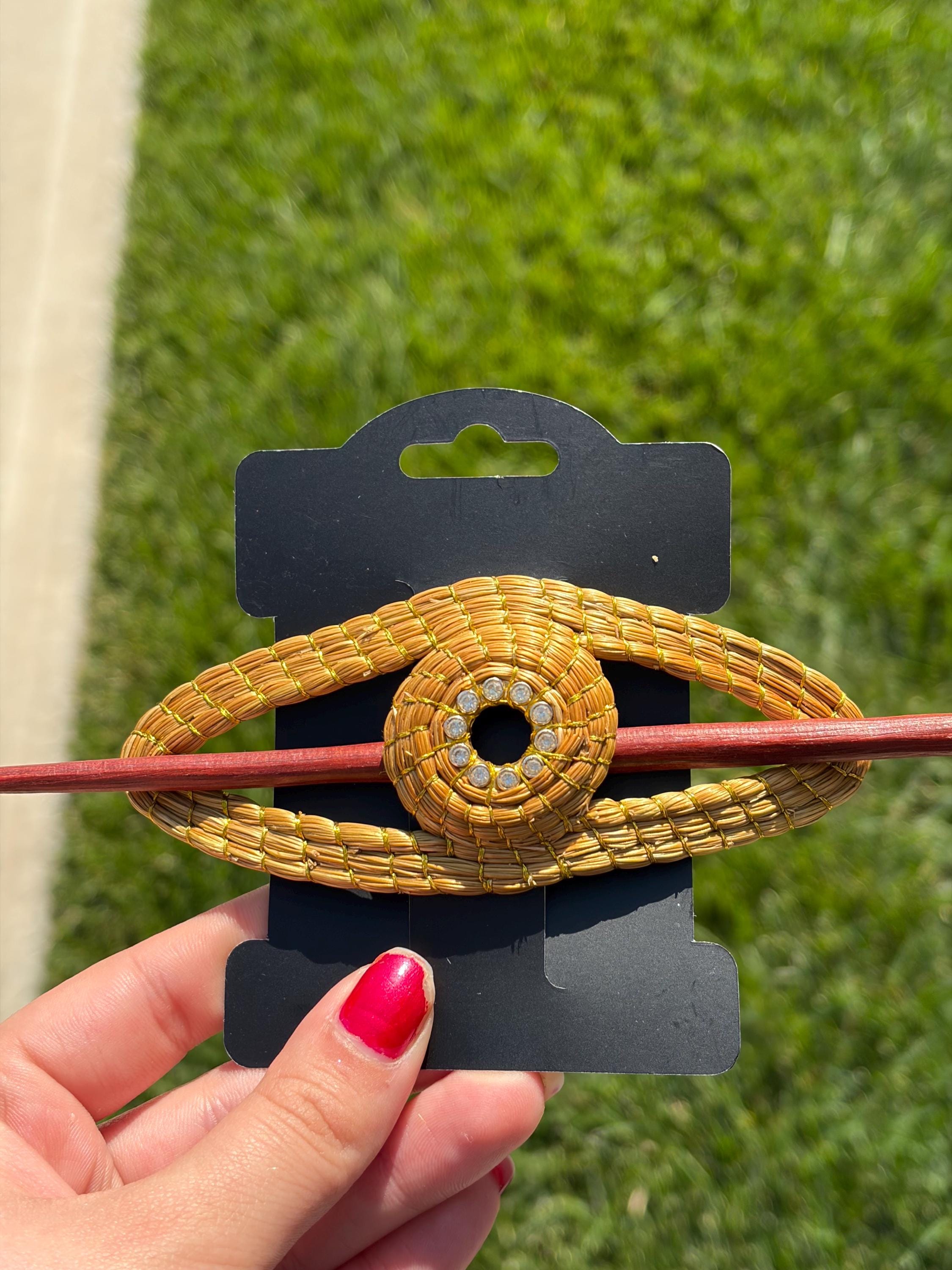 Handcrafted Brazilian Golden Grass Crystal Hair Stick | Wooden Hair Pin | Elegant Bun Holder | Artisan Hair Accessory
