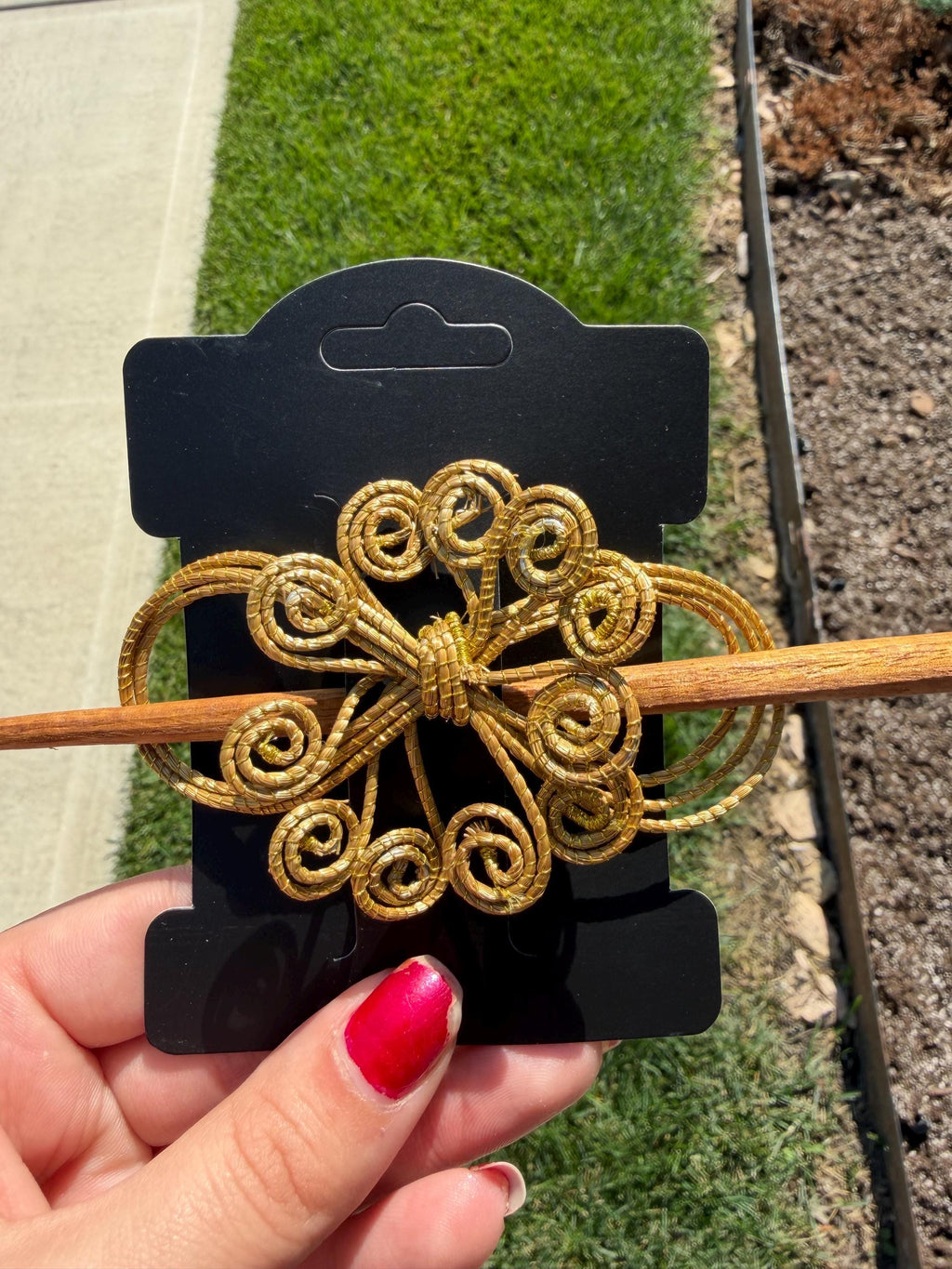 Handcrafted Brazilian Golden Grass Scroll Hair Stick | Wooden Hair Pin | Floral Bun Holder | Artisan Hair Accessory