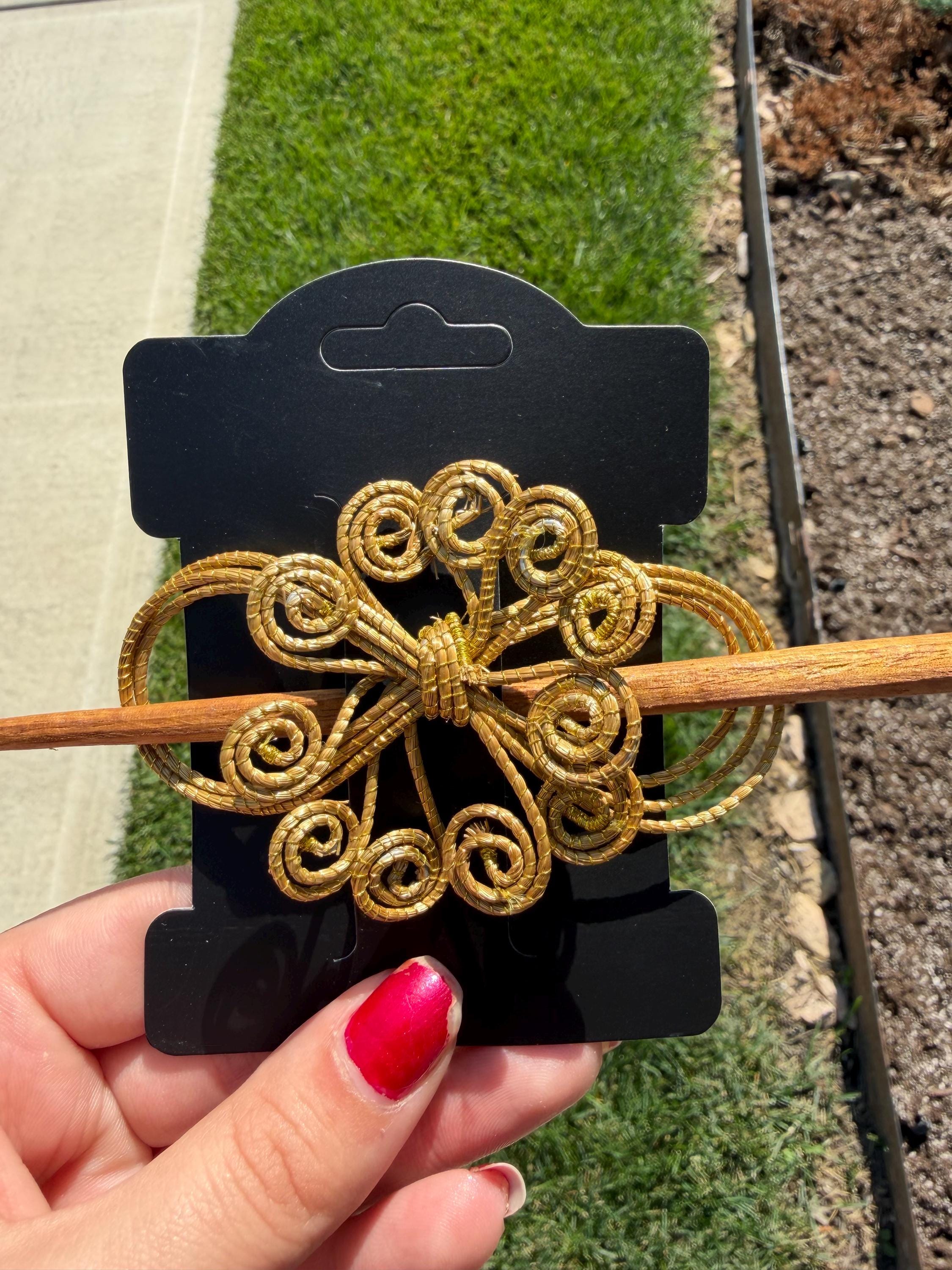 Handcrafted Brazilian Golden Grass Scroll Hair Stick | Wooden Hair Pin | Floral Bun Holder | Artisan Hair Accessory
