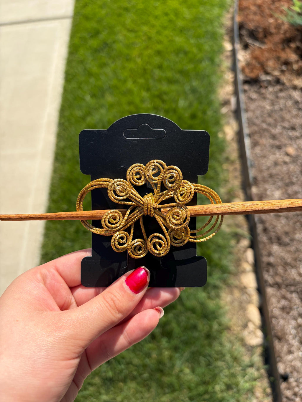 Handcrafted Brazilian Golden Grass Scroll Hair Stick | Wooden Hair Pin | Floral Bun Holder | Artisan Hair Accessory