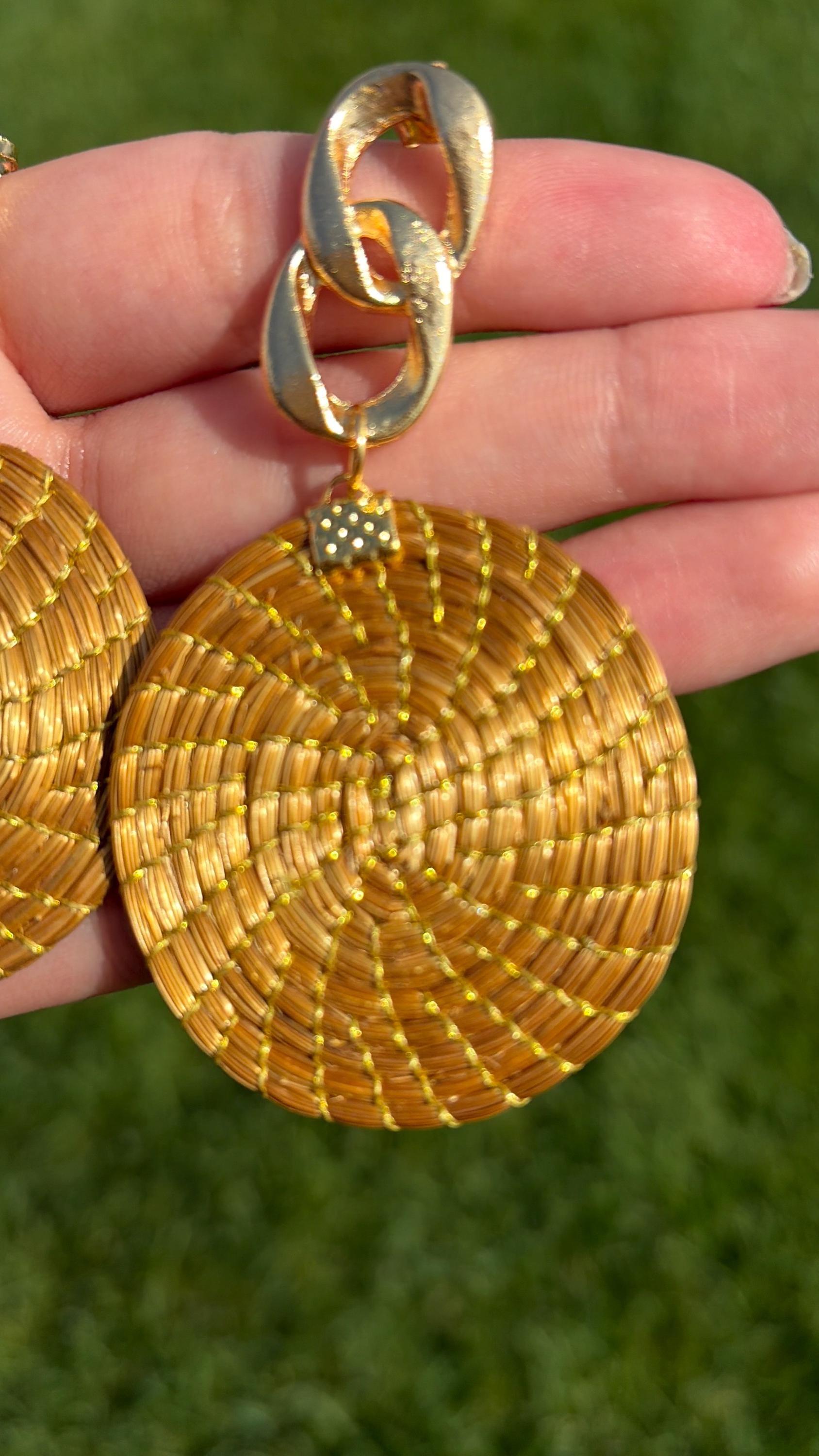 Handcrafted Brazilian Golden Grass Chain Disc Earrings | Lightweight Statement Earrings | Artisan Woven Jewelry | 18K Gold Dipped Gift