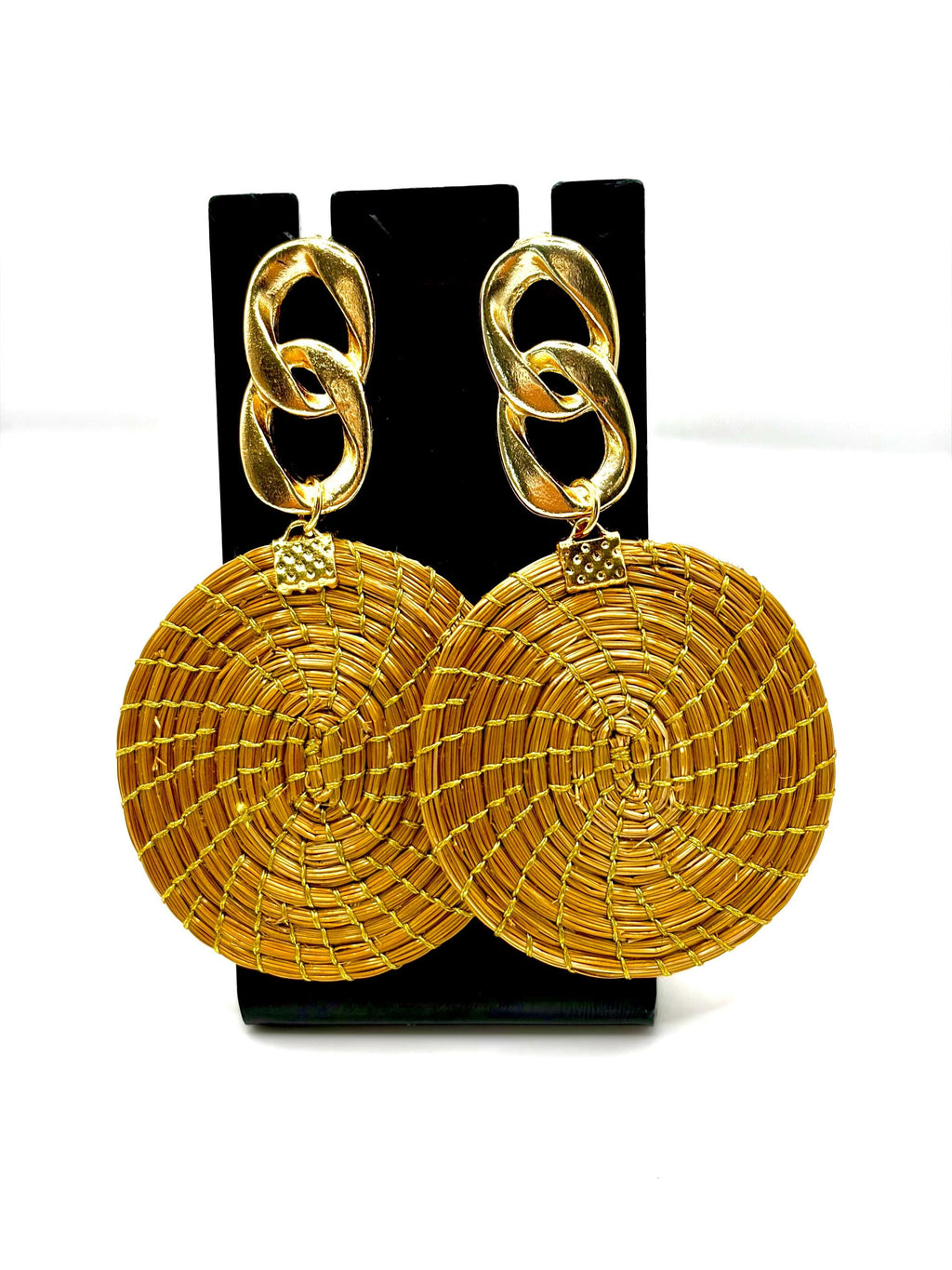 Handcrafted Brazilian Golden Grass Chain Disc Earrings | Lightweight Statement Earrings | Artisan Woven Jewelry | 18K Gold Dipped Gift