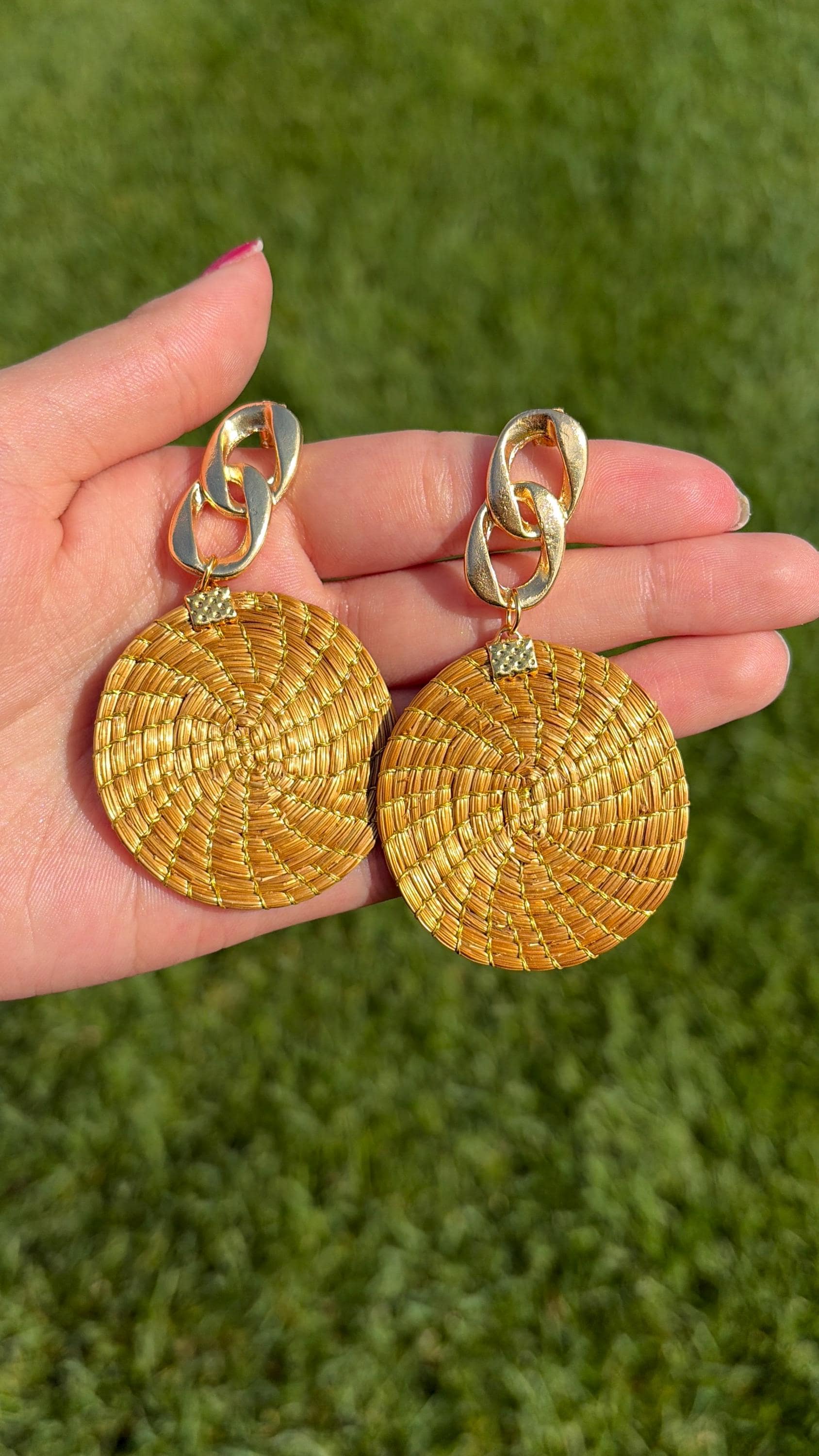 Handcrafted Brazilian Golden Grass Chain Disc Earrings | Lightweight Statement Earrings | Artisan Woven Jewelry | 18K Gold Dipped Gift