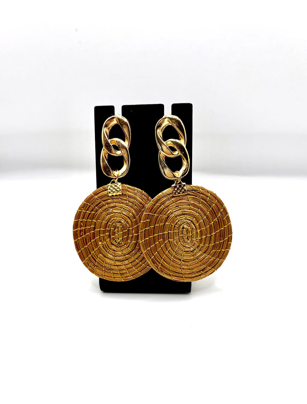 Handcrafted Brazilian Golden Grass Chain Disc Earrings | Lightweight Statement Earrings | Artisan Woven Jewelry | 18K Gold Dipped Gift
