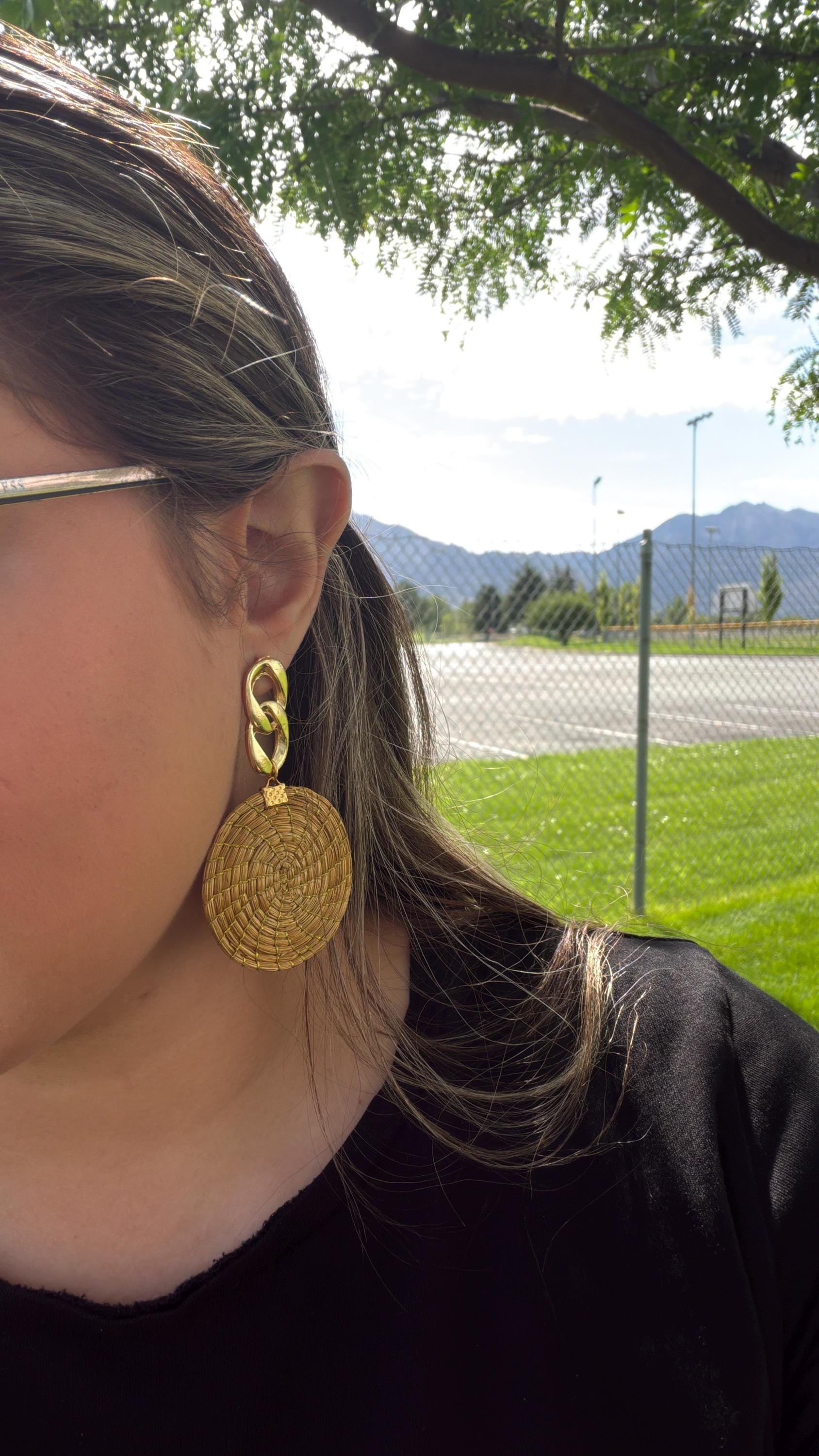 Handcrafted Brazilian Golden Grass Chain Disc Earrings | Lightweight Statement Earrings | Artisan Woven Jewelry | 18K Gold Dipped Gift