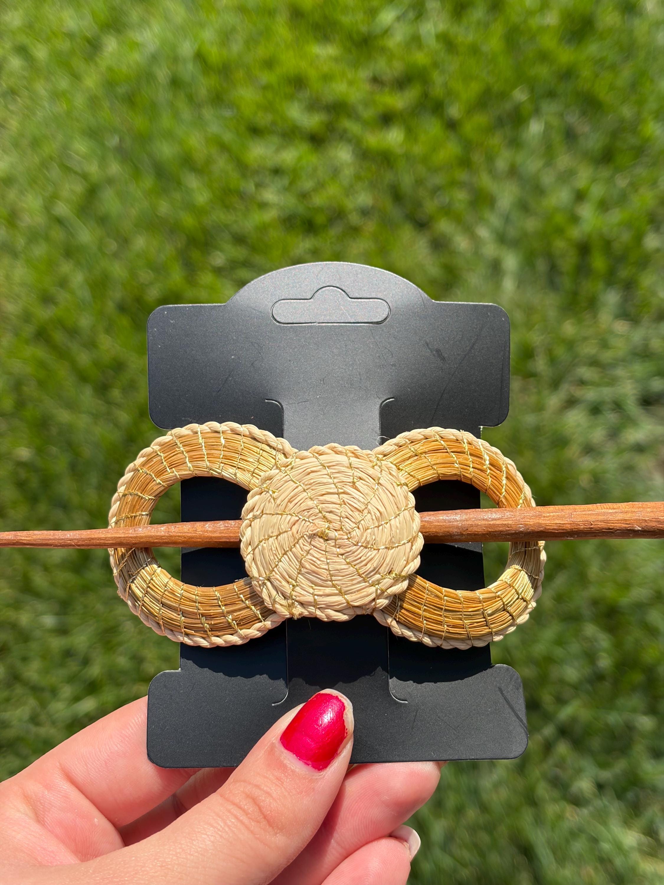 Handcrafted Brazilian Golden Grass Flower Hair Stick | Wooden Hair Pin | Floral Bun Holder | Artisan Hair Accessory