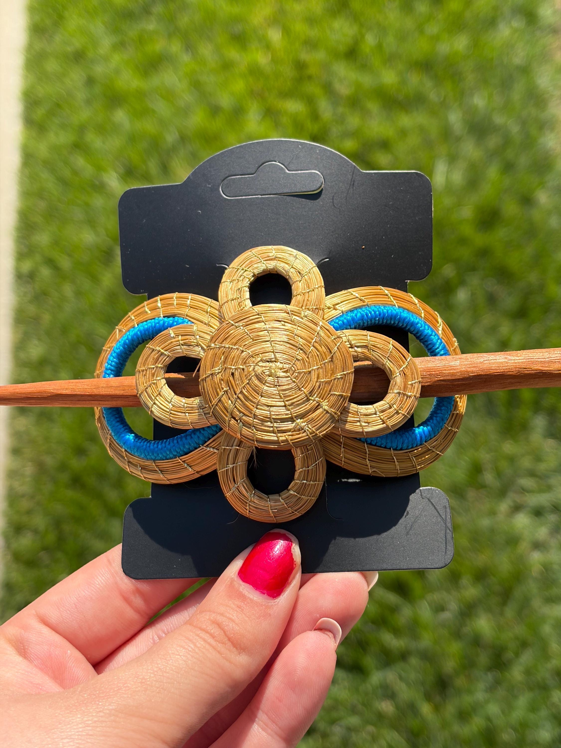 Handcrafted Brazilian Golden Grass Flower Hair Stick | Wooden Hair Pin | French Twist Bun Holder | Artisan Hair Accessory