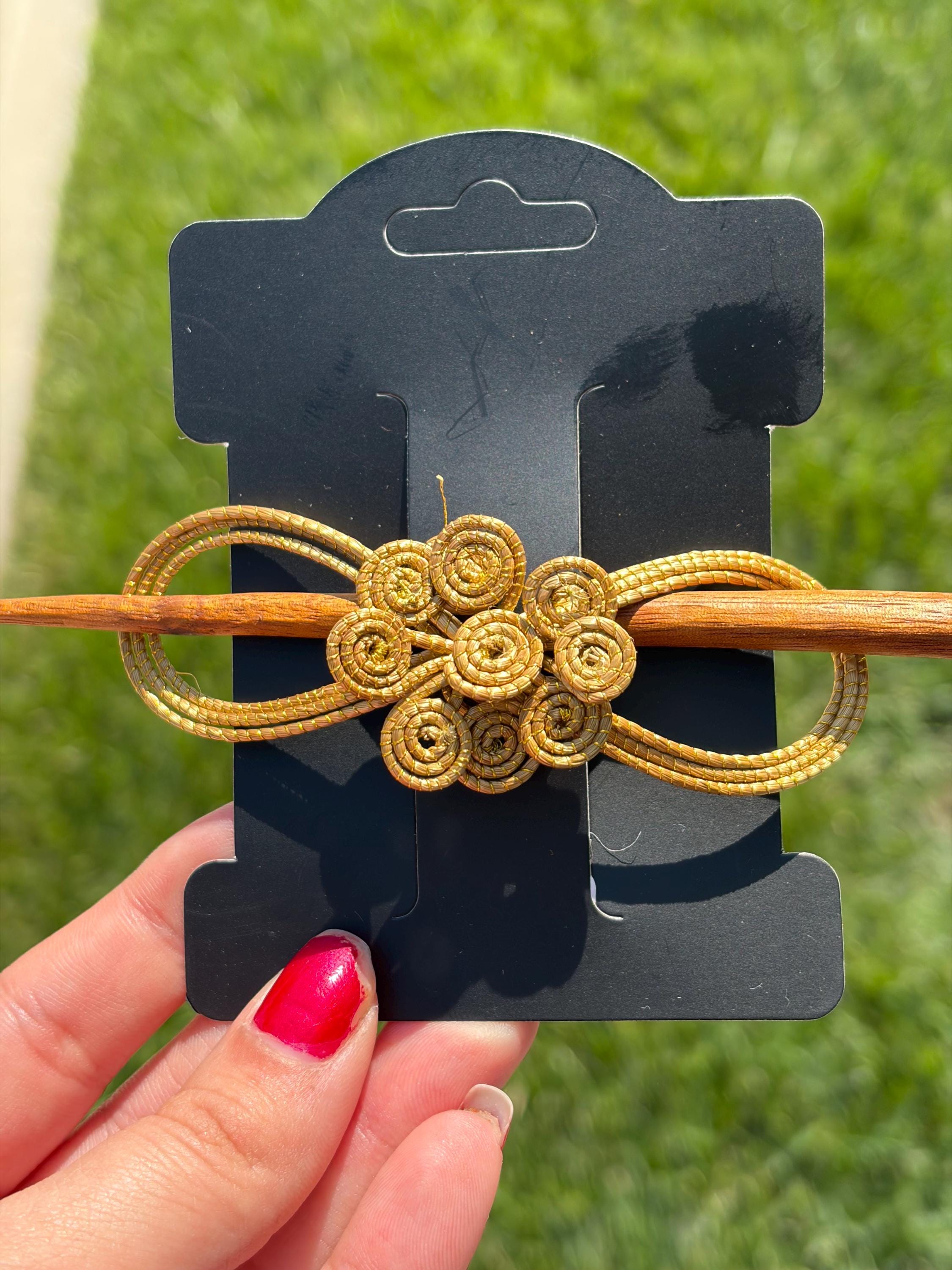 Handcrafted Brazilian Golden Grass Rosette Hair Stick | Wooden Hair Pin | Floral Bun Holder | Artisan Hair Accessory