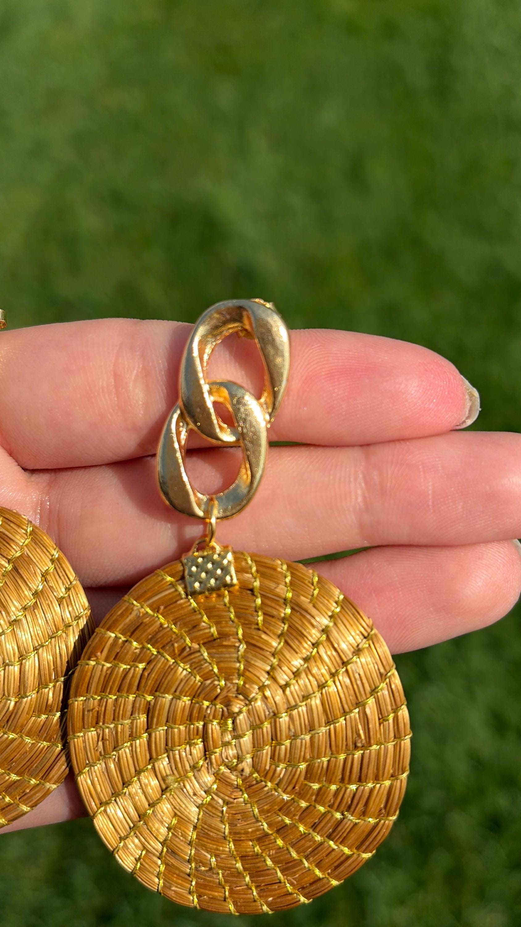 Handcrafted Brazilian Golden Grass Chain Disc Earrings | Lightweight Statement Earrings | Artisan Woven Jewelry | 18K Gold Dipped Gift