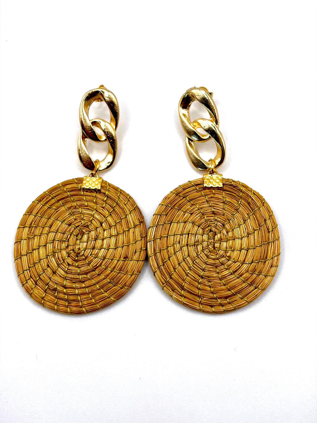 Handcrafted Brazilian Golden Grass Chain Disc Earrings | Lightweight Statement Earrings | Artisan Woven Jewelry | 18K Gold Dipped Gift