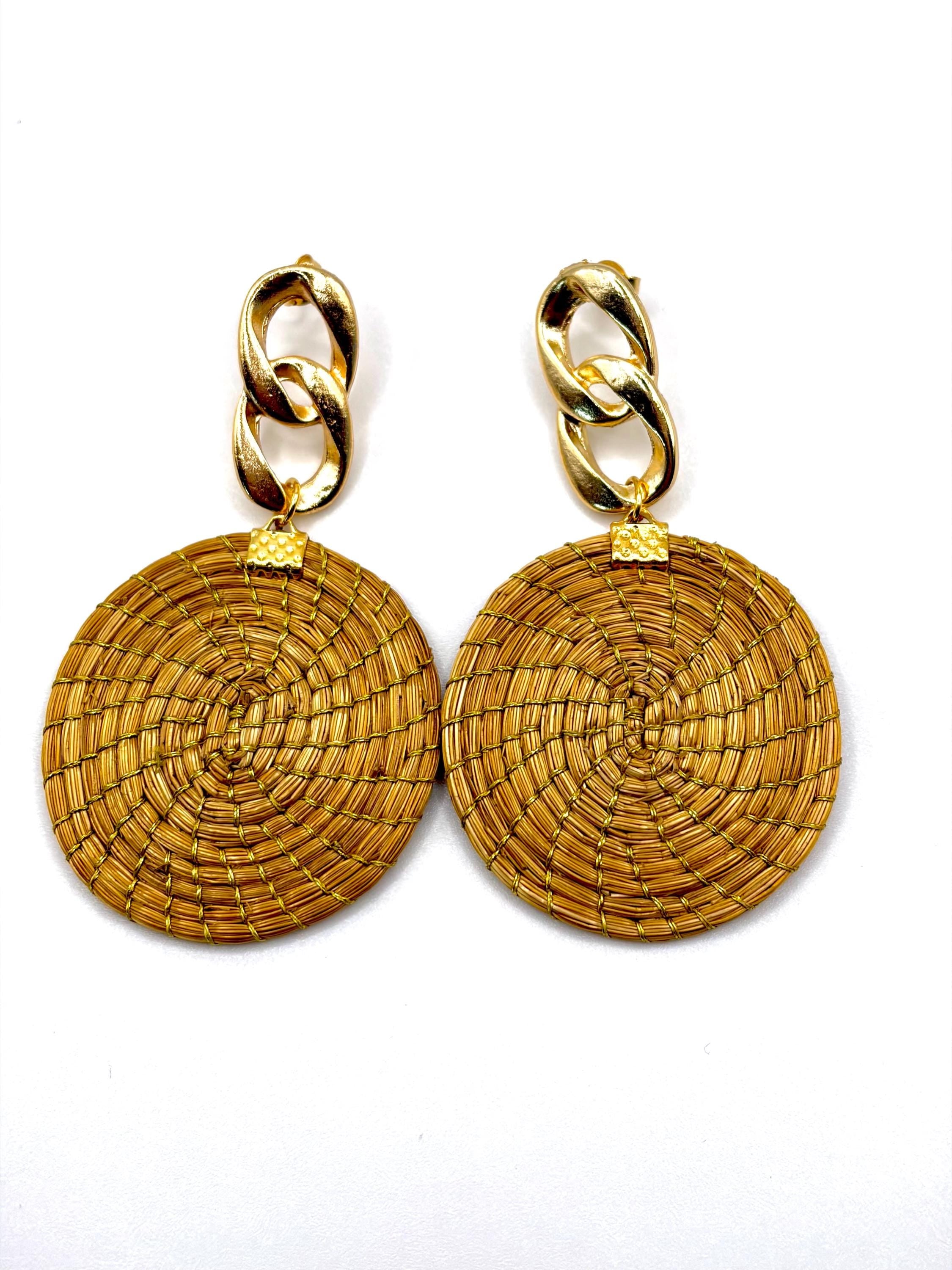Handcrafted Brazilian Golden Grass Chain Disc Earrings | Lightweight Statement Earrings | Artisan Woven Jewelry | 18K Gold Dipped Gift